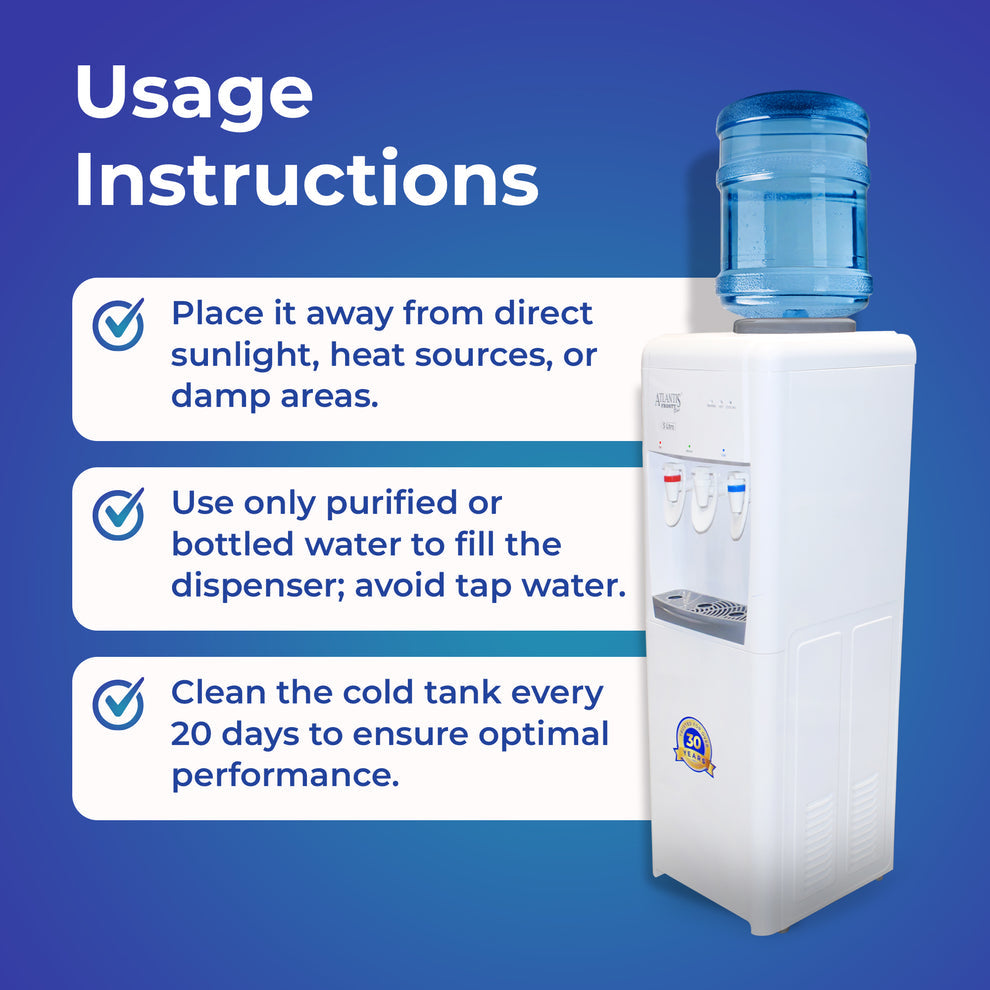 ATLANTIS FROSTY PLUS water cooler with usage instructions on placing, water type, and cleaning