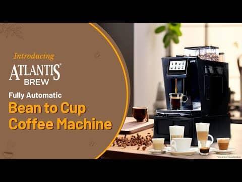 Fully automatic coffee machine with fresh milk serving various coffee drinks on a wooden table