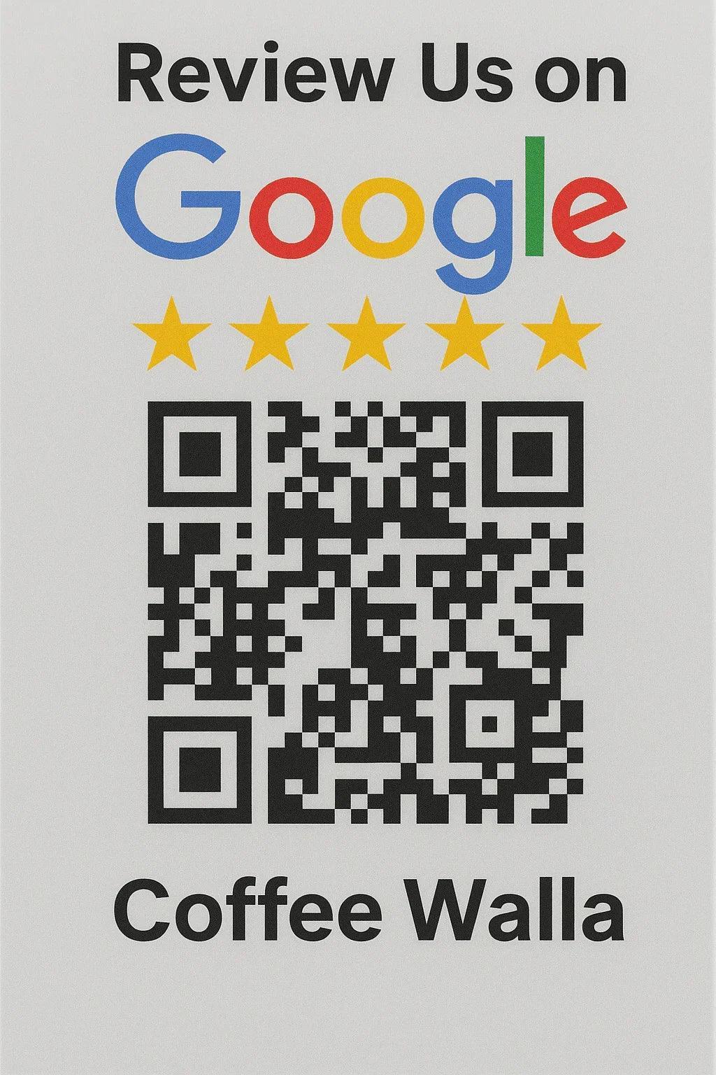 Review us on Google with five star rating and QR code for Coffee Walla fully automatic coffee machine with fresh milk
