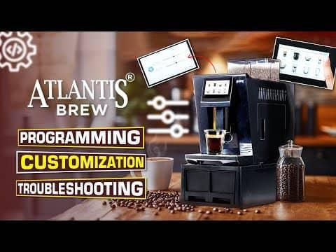 Atlantis Brew fully automatic coffee machine with fresh milk brewing espresso with coffee beans nearby