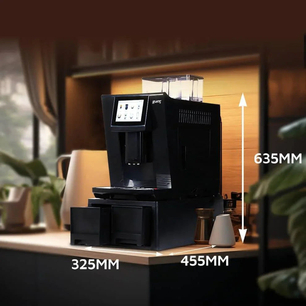 Black fully automatic coffee machine with fresh milk on kitchen counter with dimensions displayed