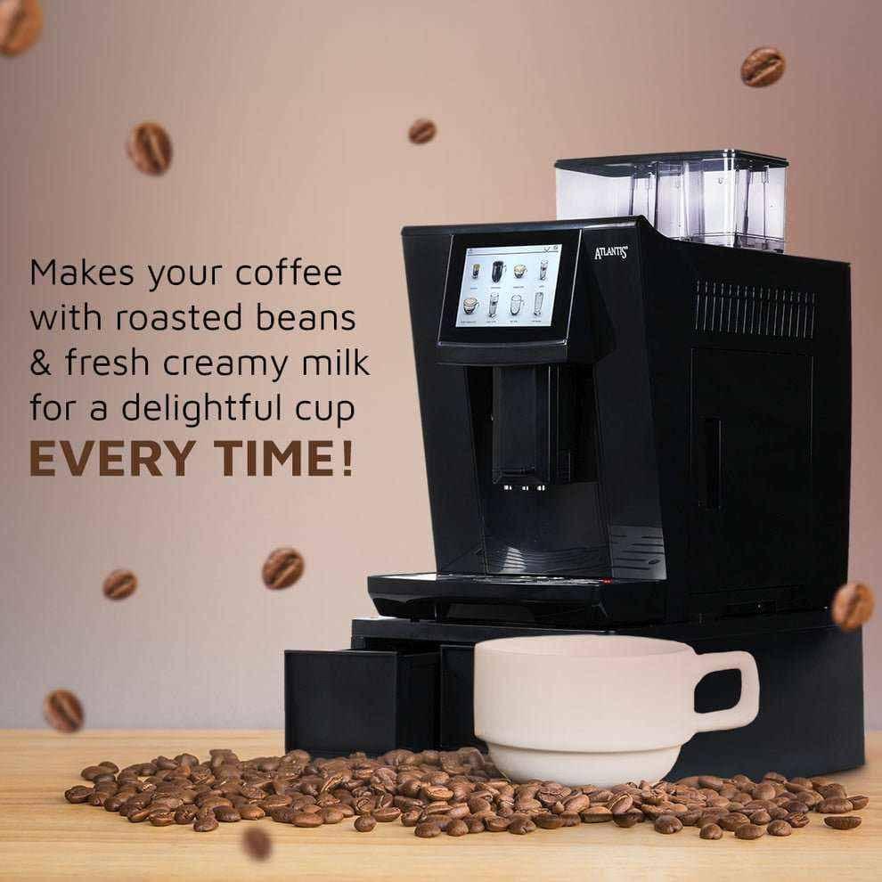 Fully automatic coffee machine with fresh milk next to coffee cup and roasted coffee beans on wooden surface