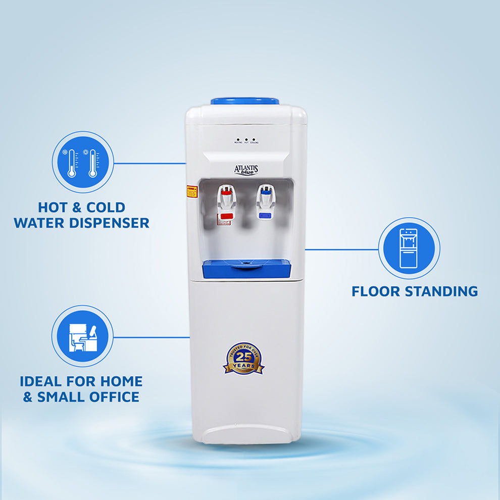 White hot and cold water dispenser for office with floor standing design and dual taps