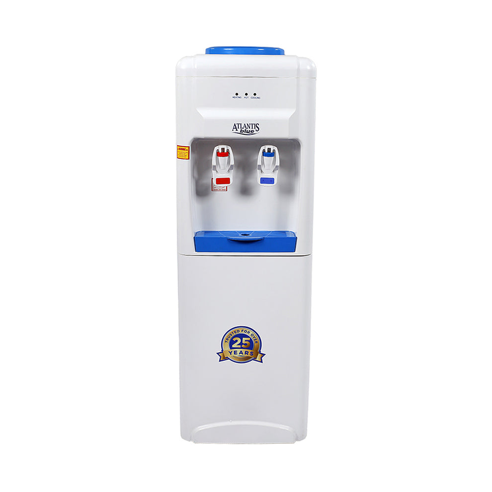 White hot and cold water dispenser for office with red and blue taps and 25 year warranty badge