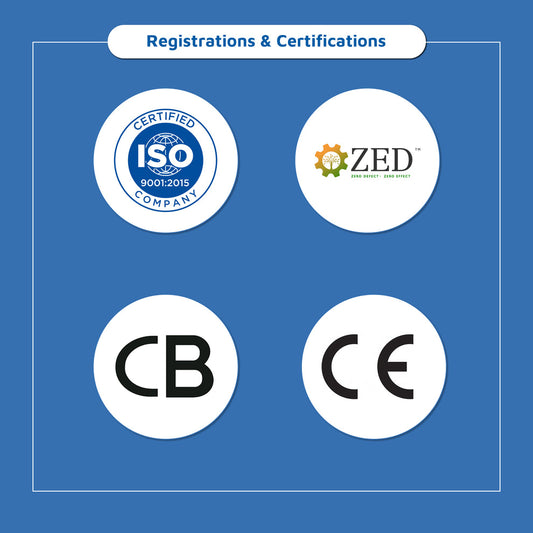 Registrations and certifications badges including ISO 9001 2015, ZED, CB and CE for hot and cold water dispenser for office