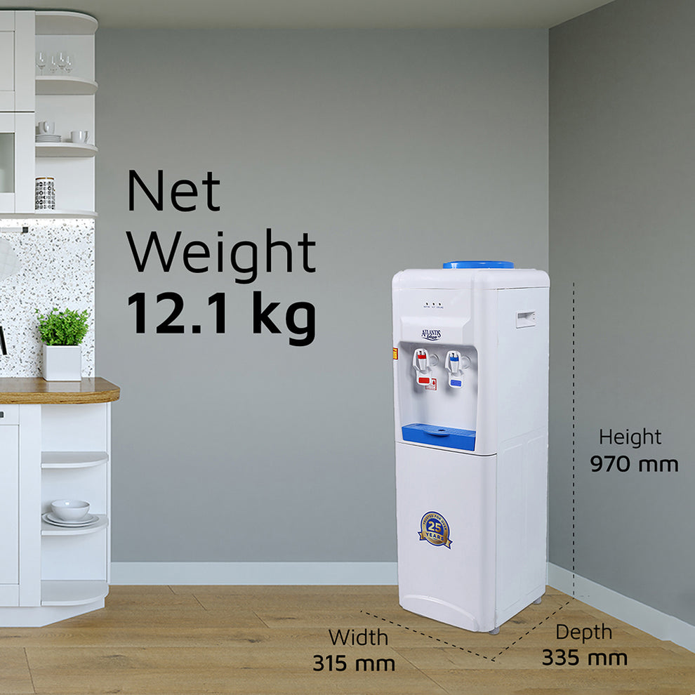 White hot and cold water dispenser for office with hot and cold taps and compact design