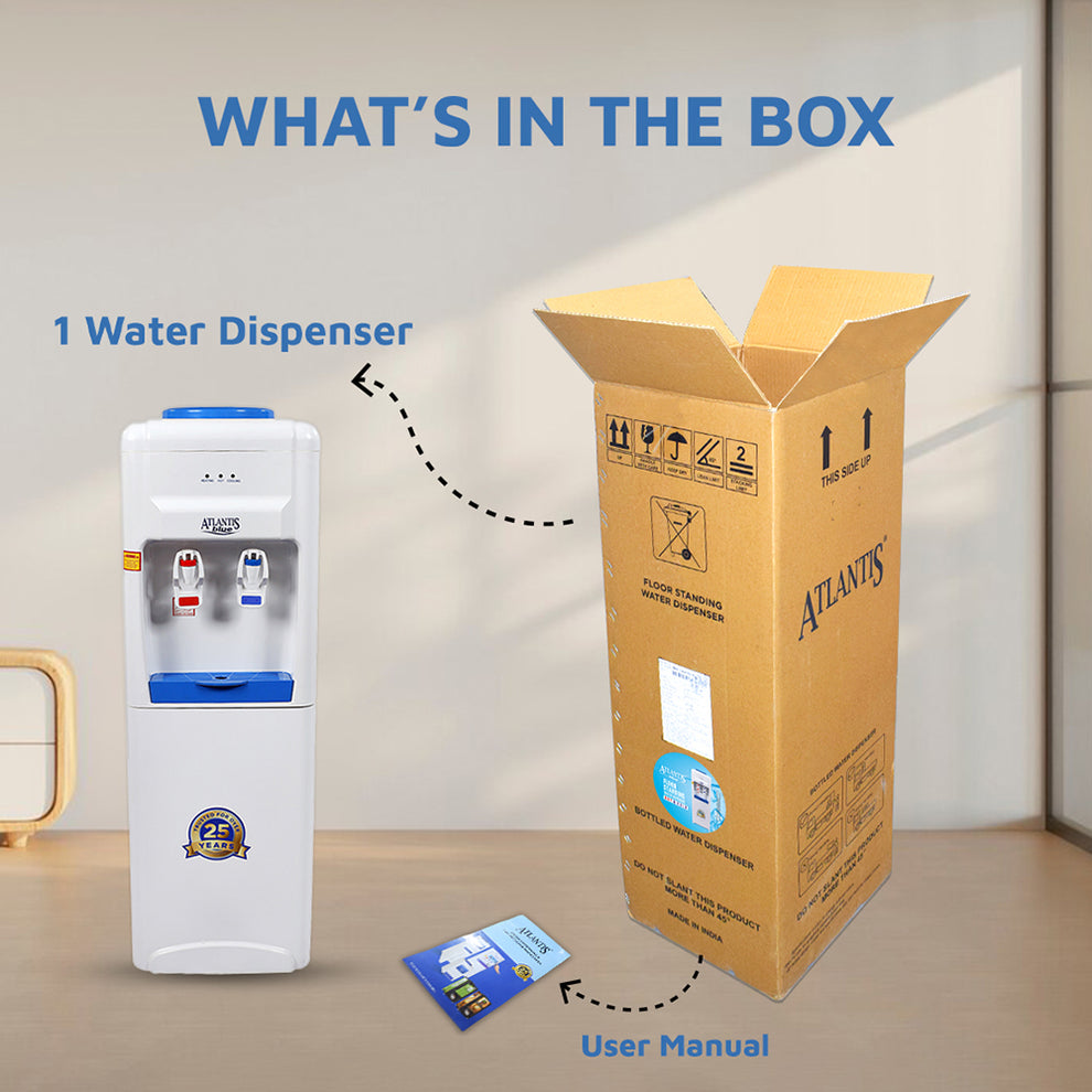 Hot and cold water dispenser for office with white water dispenser unit and user manual next to the packaging box