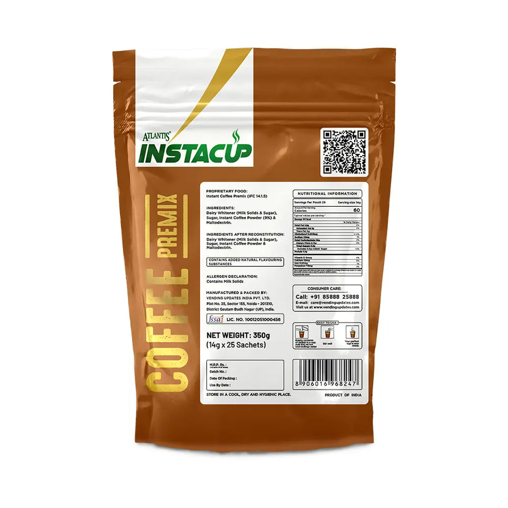 Brown and white pack of ATLANTIS INSTACUP 3-IN-1 Coffee Premix with detailed nutritional information
