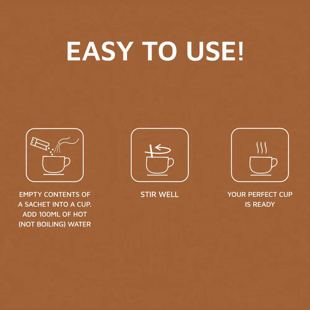 Instructions for easy use of ATLANTIS INSTACUP 3-IN-1 Coffee Premix by Coffee walla with step-by-step icons