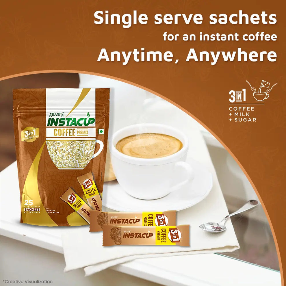 ATLANTIS INSTACUP 3-IN-1 Coffee Premix single serve sachets with cup of coffee on white saucer