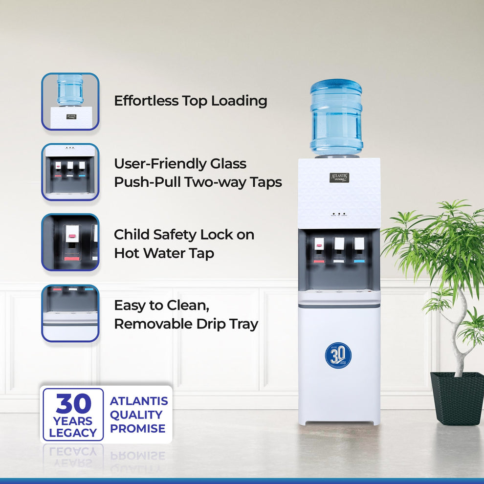 ATLANTIS JUMBO PLUS water machine with top loading, glass push-pull taps, child safety lock, and removable drip tray