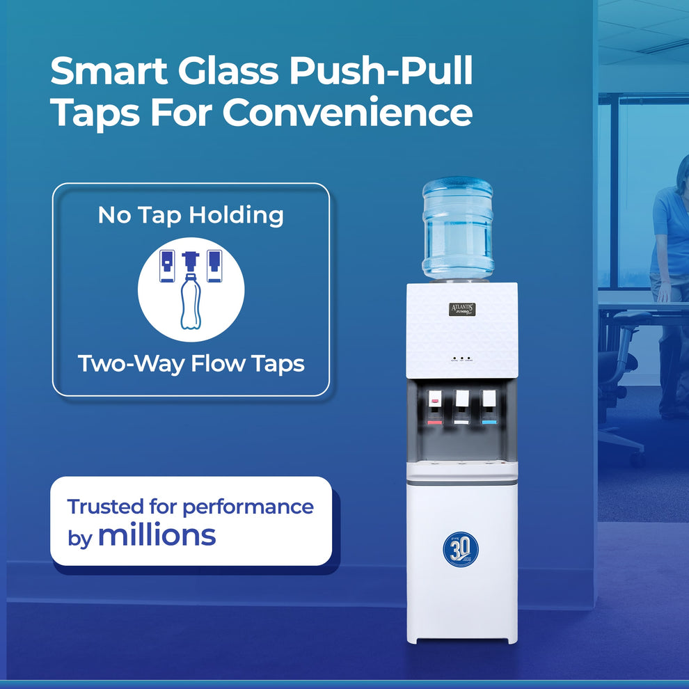 ATLANTIS JUMBO PLUS water machine with smart glass push-pull taps for convenient two-way flow and no tap holding