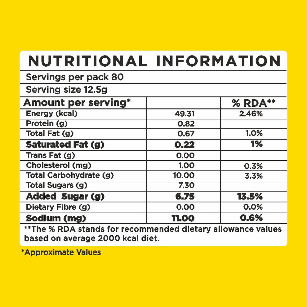 Nutritional information label for Atlantis Kadak 3-in-1 Tea premix showing calories, protein, fat, sugar, and sodium content