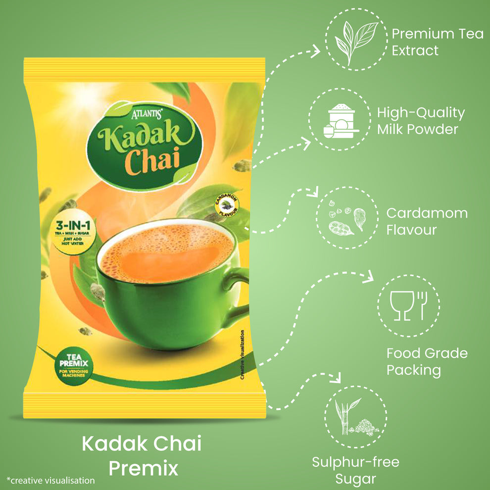 Atlantis Kadak 3-in-1 Tea premix packet with green cup of tea showing premium extract and cardamom flavour