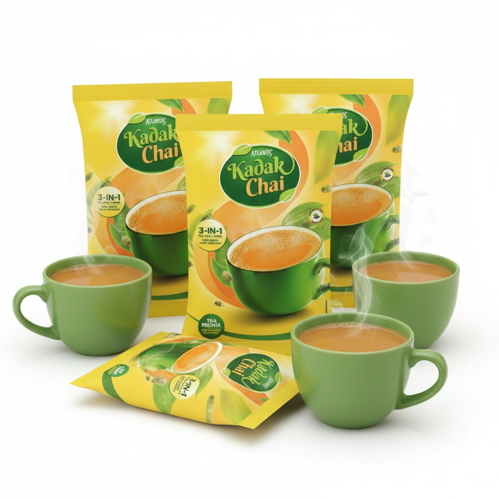 Atlantis Kadak Tea Premix 1 kg packets with green cups filled with steaming Kadak chai tea
