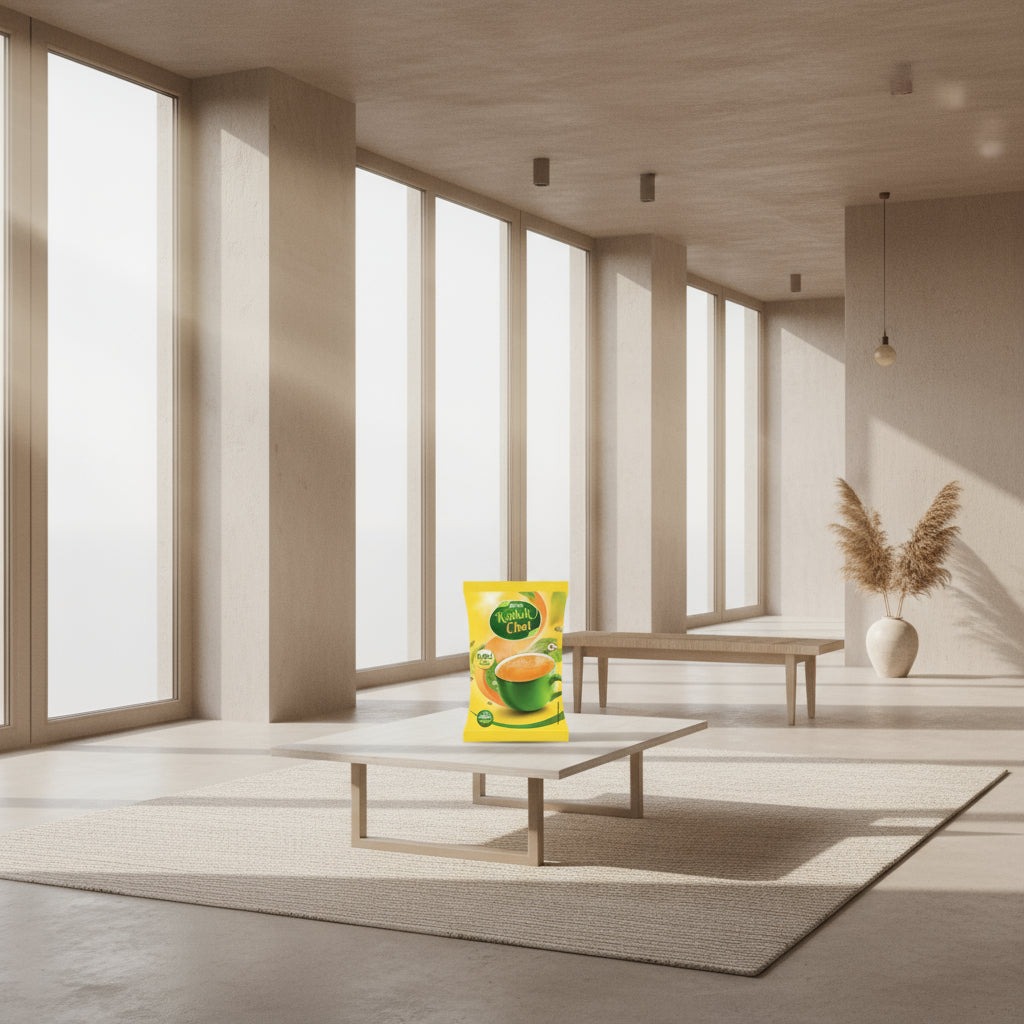 Atlantis Kadak Tea Premix 1 kg pack displayed on a modern wooden table in a bright spacious room