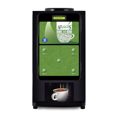 Neo 2 Lane vending machine with hot water dispensing coffee into a white cup