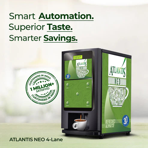 ATLANTIS NEO tea coffee vending machine in black and green with 4-lane smart automation and savings
