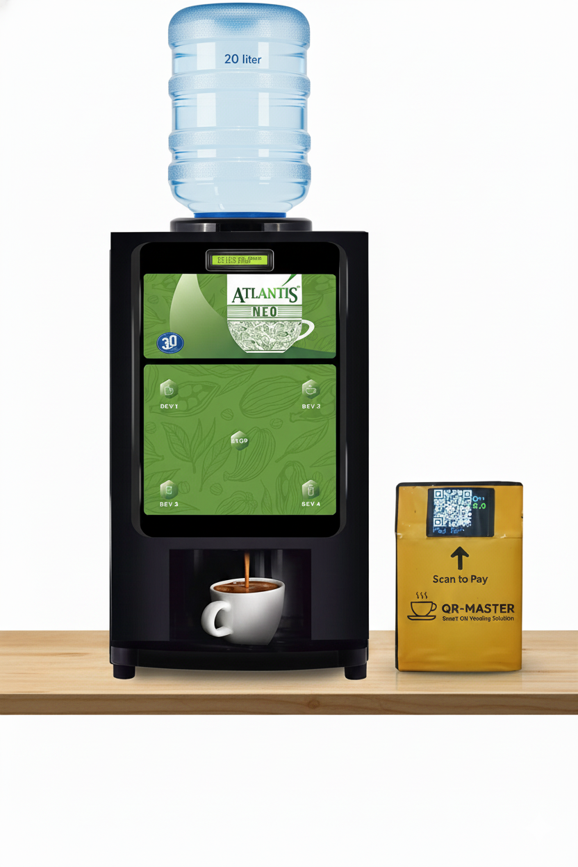 Amazon coffee machine Noida black countertop model with water dispenser and coffee cup on wooden surface