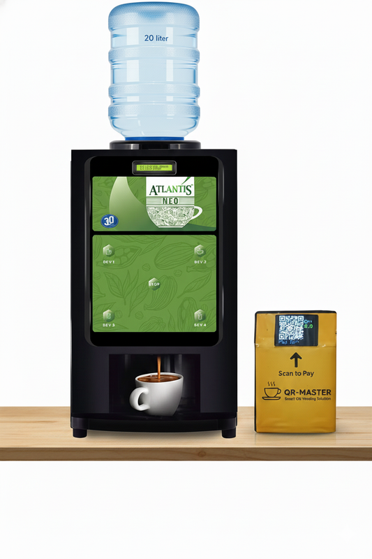 Amazon coffee machine Noida black countertop model with water dispenser and coffee cup on wooden surface