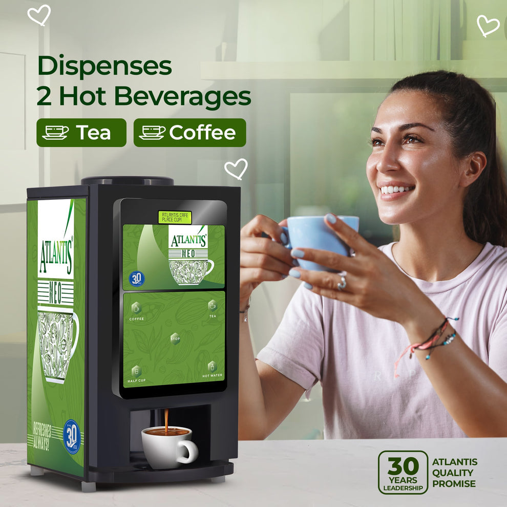 Atlantis Neo 2 coffee vending machine Noida dispensing hot coffee with a woman enjoying a cup