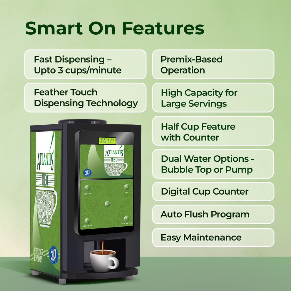 Atlantis Neo 2 coffee vending machine Noida with smart features like fast dispensing and digital cup counter