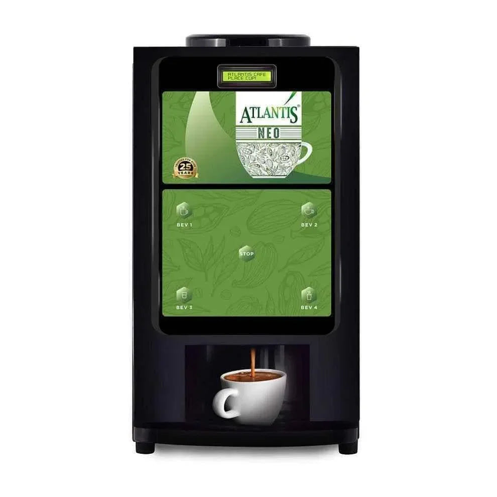 Black Atlantis Neo tea coffee vending machine dispensing coffee into white cup