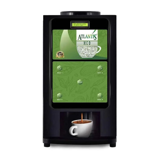 Black Atlantis Neo tea coffee vending machine dispensing coffee into white cup
