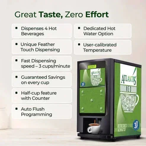 Atlantis Neo tea coffee vending machine dispensing hot beverages with user-calibrated temperature and fast dispensing speed