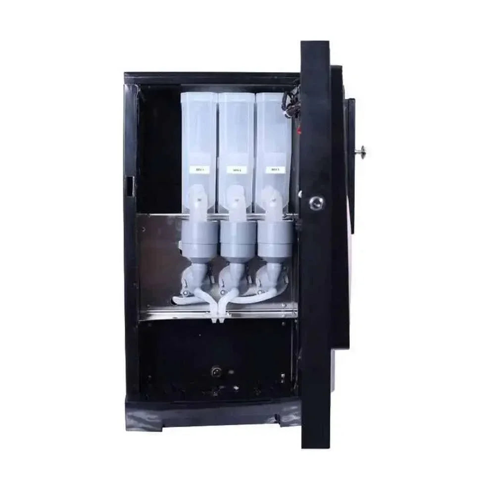 Tea coffee vending service Atlantis Neo machine with three clear ingredient dispensers in black casing