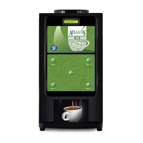 Atlantis Neo tea coffee vending machine dispensing hot coffee with simple green button interface