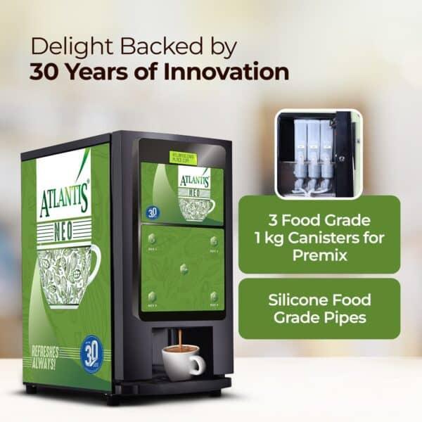 Atlantis Neo tea and coffee vending machine with 3 food grade canisters and silicone food grade pipes