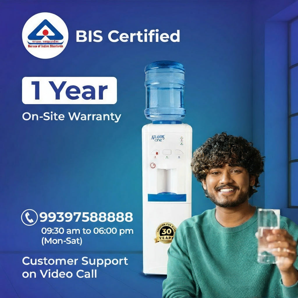 Atlantis One water dispenser with blue bottle and one year on-site warranty, BIS certified, shown with smiling man holding a glass of water