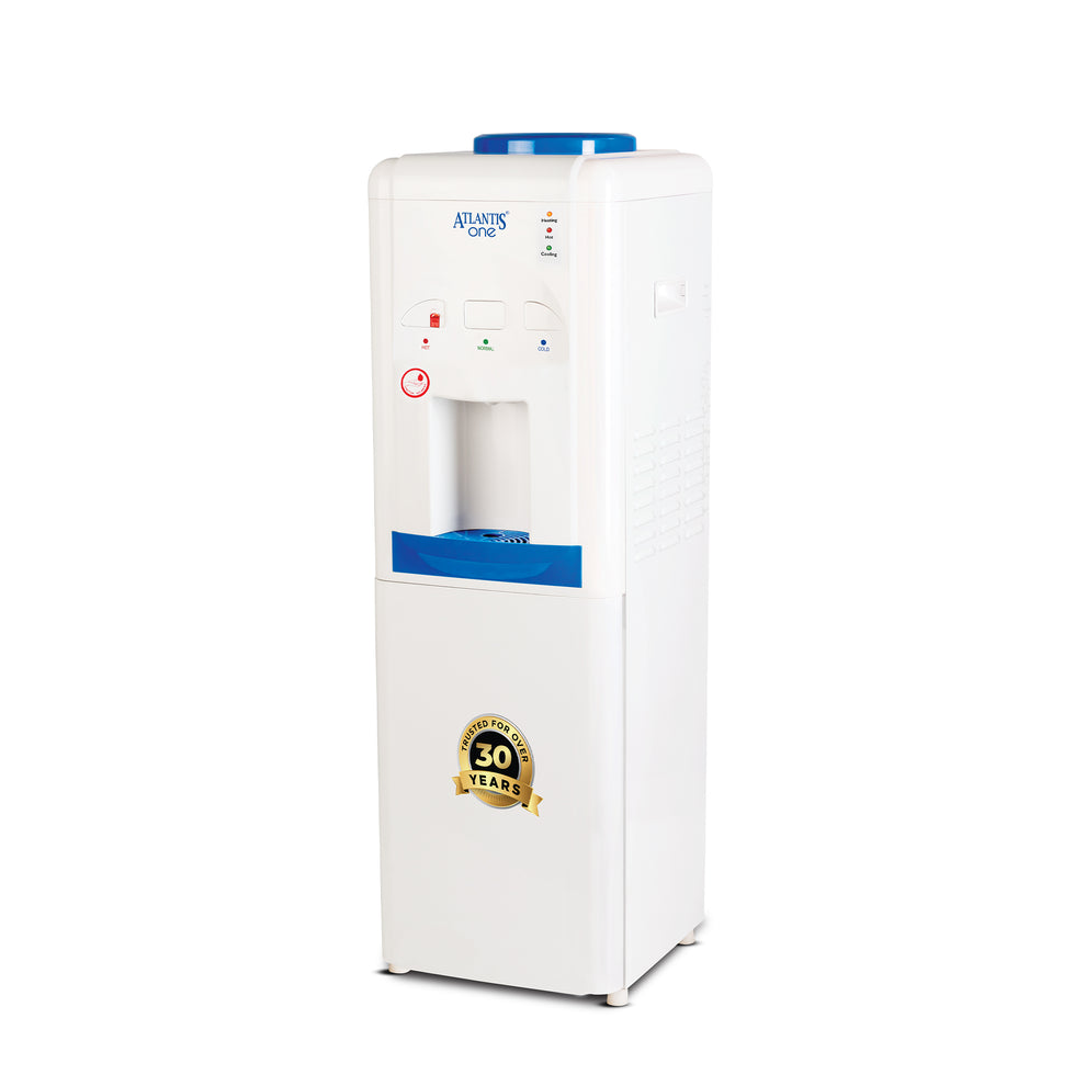 White Atlantis One water dispenser with blue accents and 30 years quality badge for office use