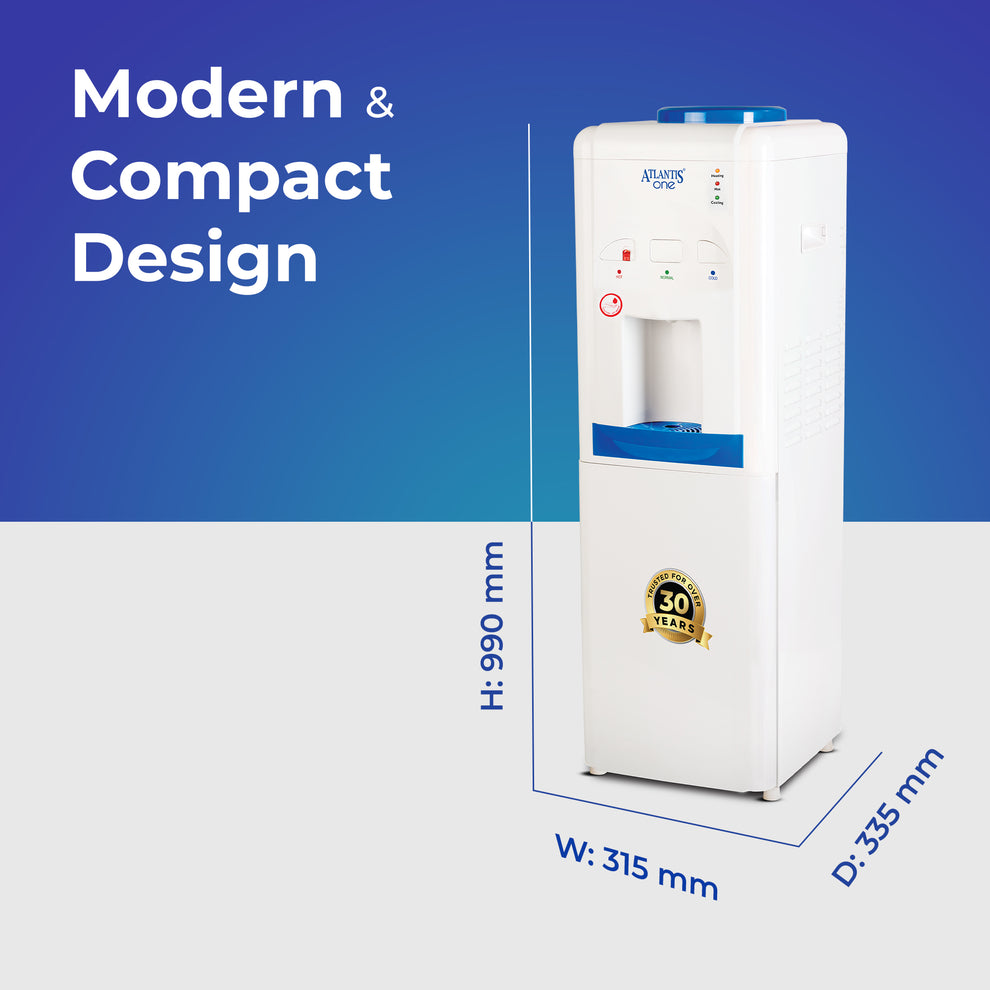 Atlantis One water dispenser with modern compact design and dimensions 990 mm height 315 mm width 335 mm depth