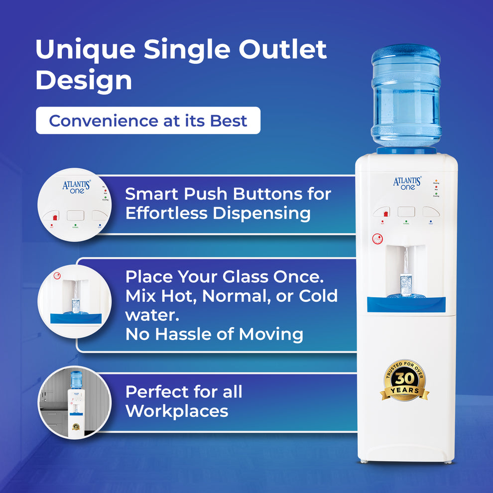 Atlantis One water dispenser with unique single outlet design and smart push buttons for easy dispensing