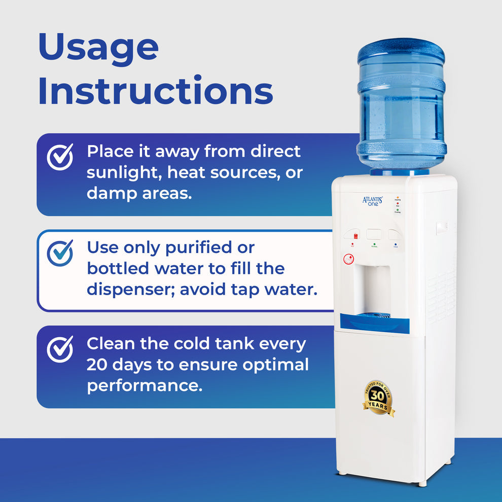 Atlantis One water dispenser with usage instructions for placing and cleaning