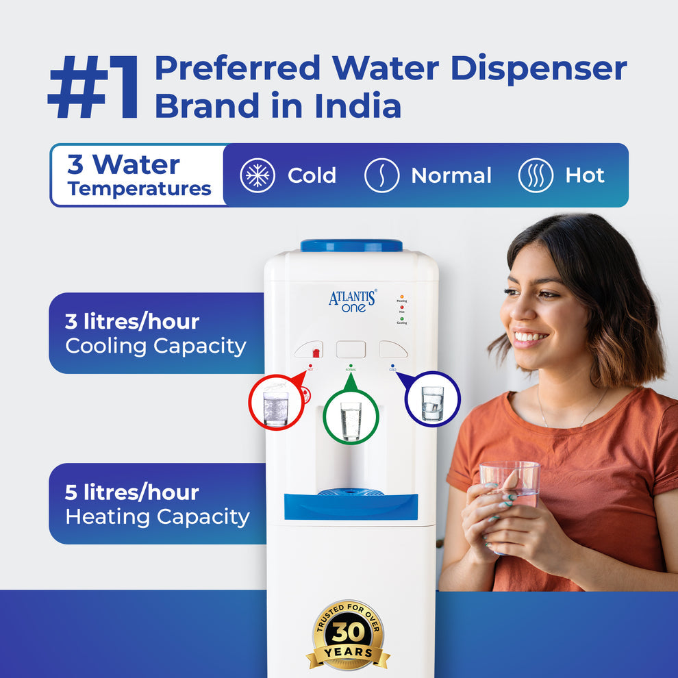 Atlantis One water dispenser with cold normal and hot water options beside smiling woman holding a glass