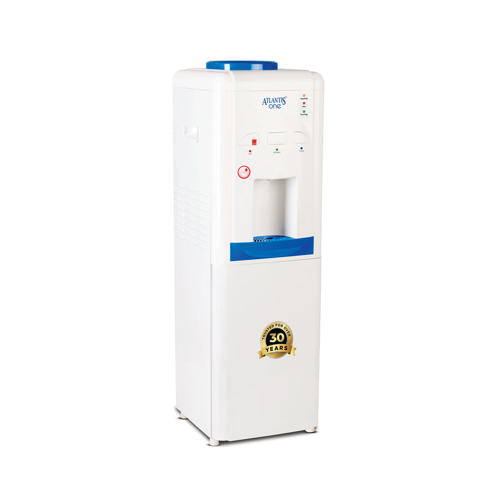 Atlantis One water dispenser white freestanding cooler with blue accents and 30 years quality seal