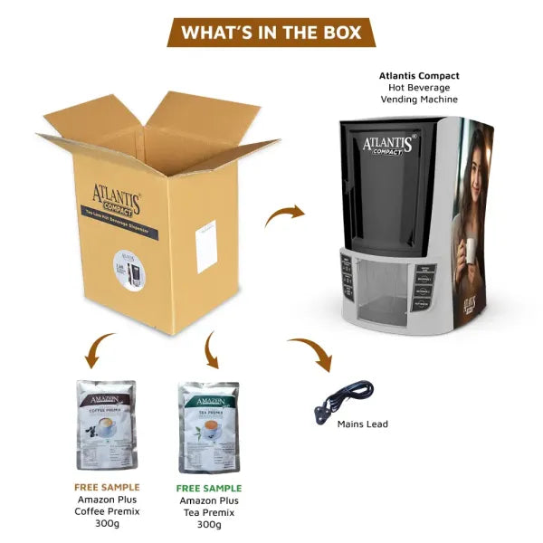 Nescafe vending machine Warangal showing the Atlantis Compact coffee vending machine with free samples of Amazon Plus coffee and tea premix and a mains lead