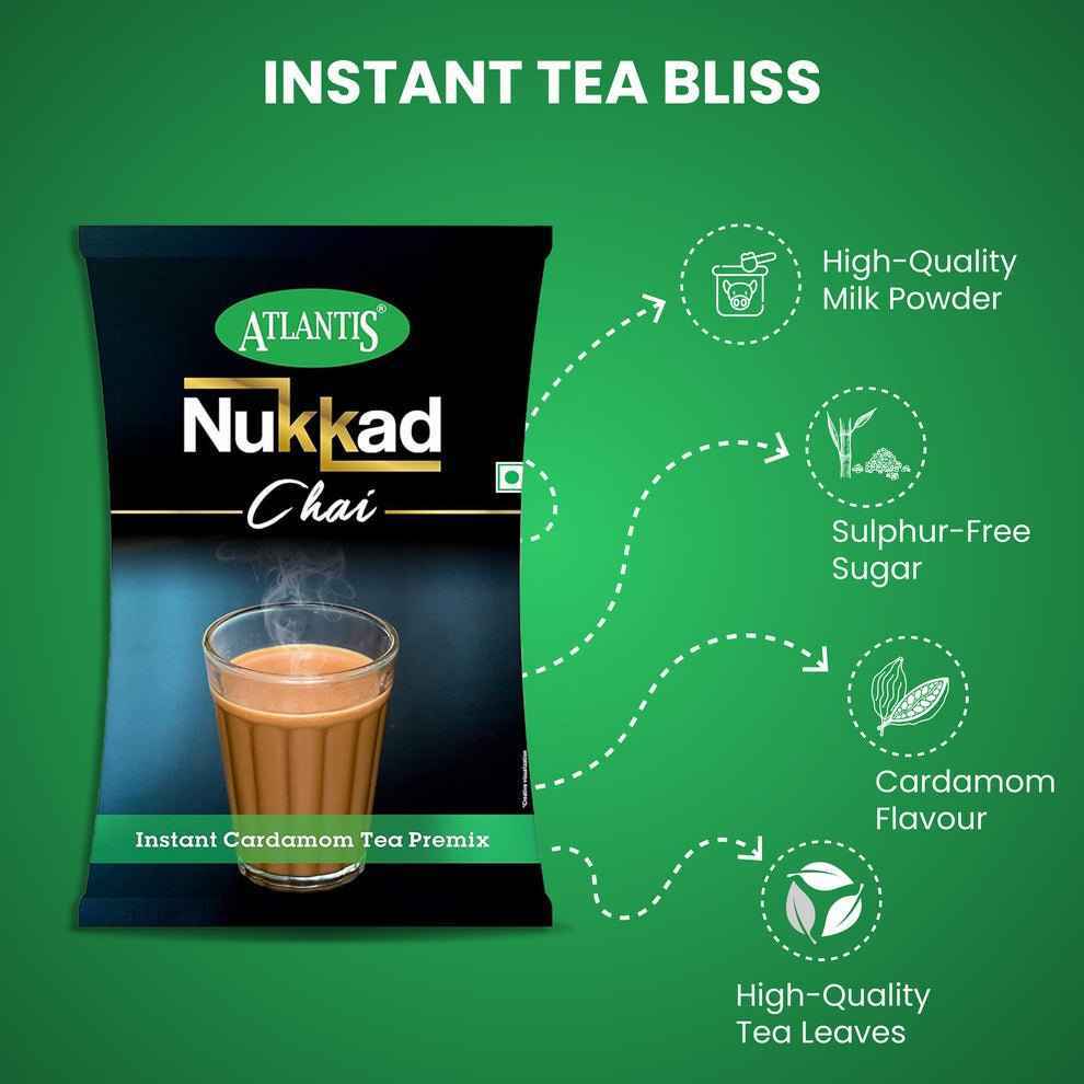 Atlantis Nukkad cardamom tea premix packet with a glass of steaming tea and key benefits highlighted