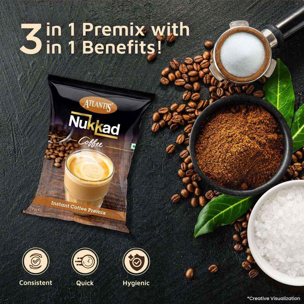 Atlantis Nukkad instant coffee premix packet with coffee beans and ground coffee on dark surface