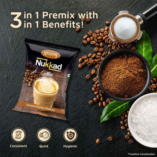 Atlantis Nukkad instant coffee premix packet with coffee beans and ground coffee on dark surface