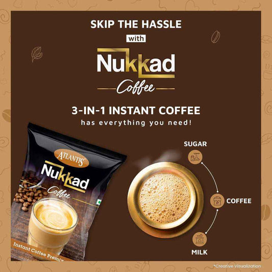 Atlantis Nukkad instant coffee premix 3-in-1 package with cup of frothy coffee showcasing sugar milk and coffee mix