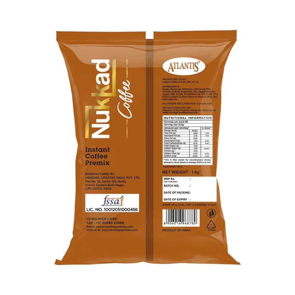 Atlantis Nukkad instant coffee premix pouch with brown packaging showing front and back labels