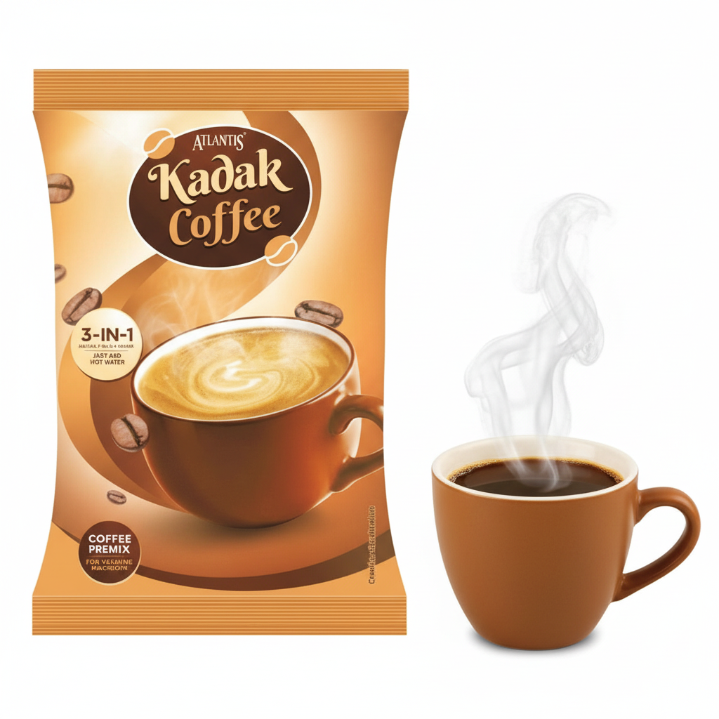 Atlantis online Kadak 3-in-1 coffee premix pack alongside a brown cup of hot steaming coffee