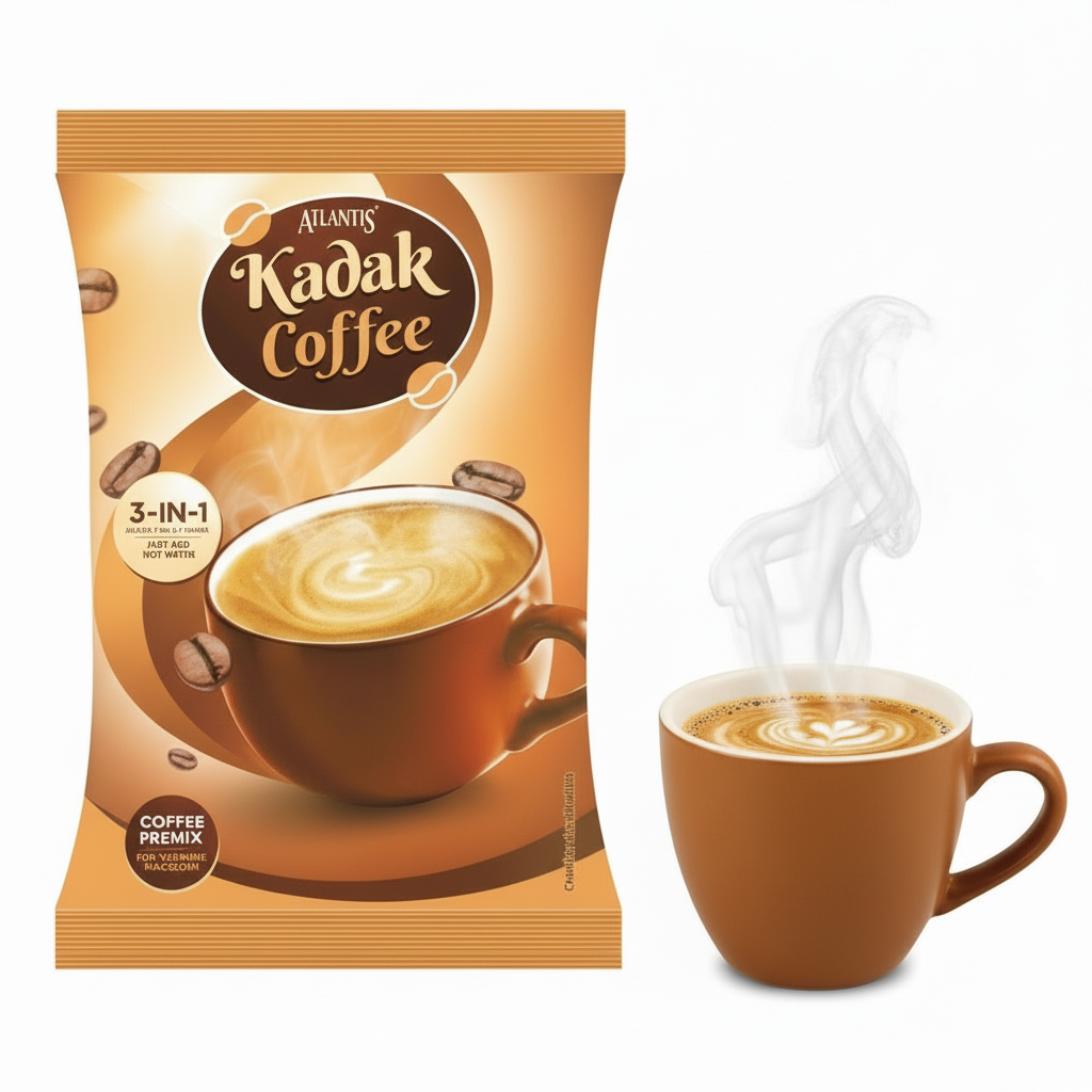 Atlantis online Kadak 3-in-1 coffee premix package next to steaming cup of coffee with latte art