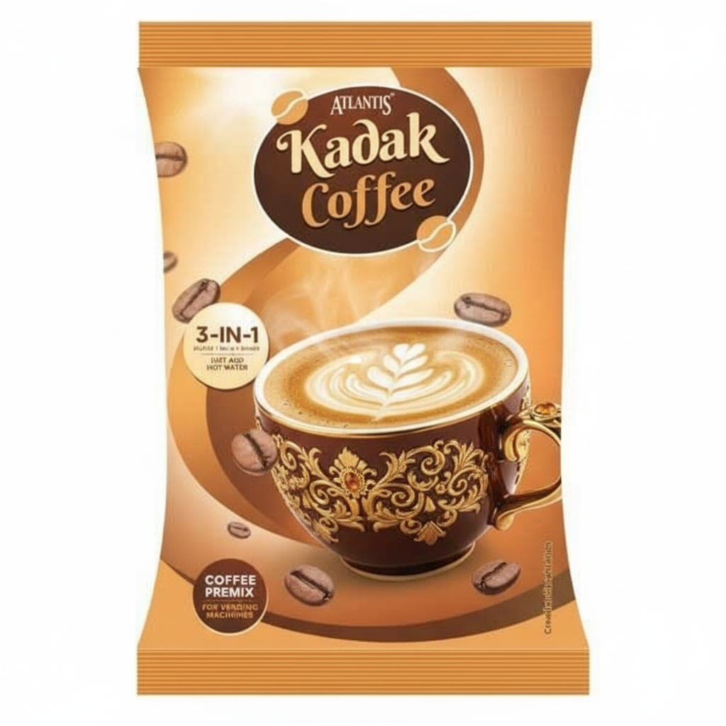 Atlantis online Kadak 3-in-1 coffee premix packet with decorative cup filled with coffee