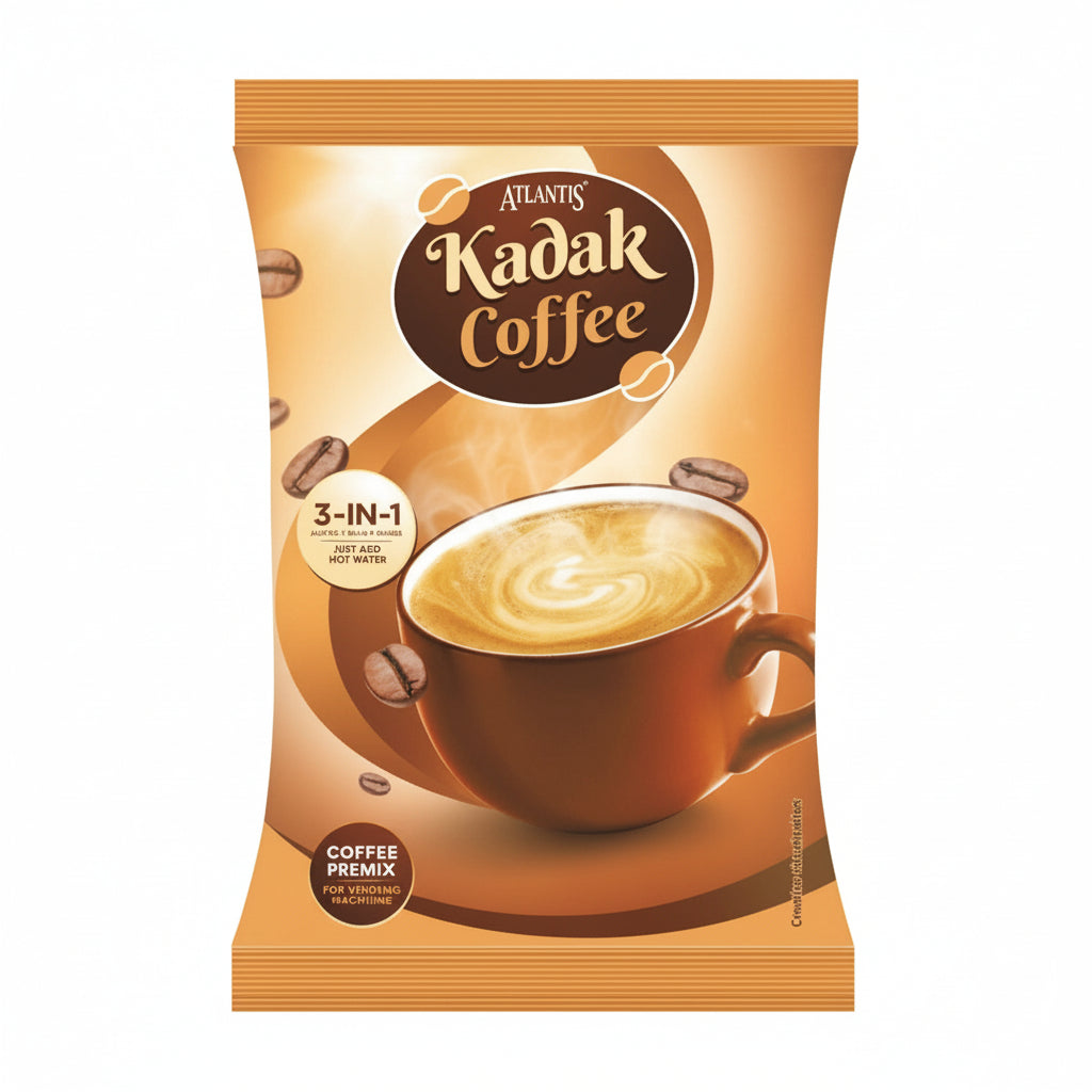 Atlantis online Kadak 3-in-1 coffee premix packet with a steaming cup of coffee and coffee beans on package