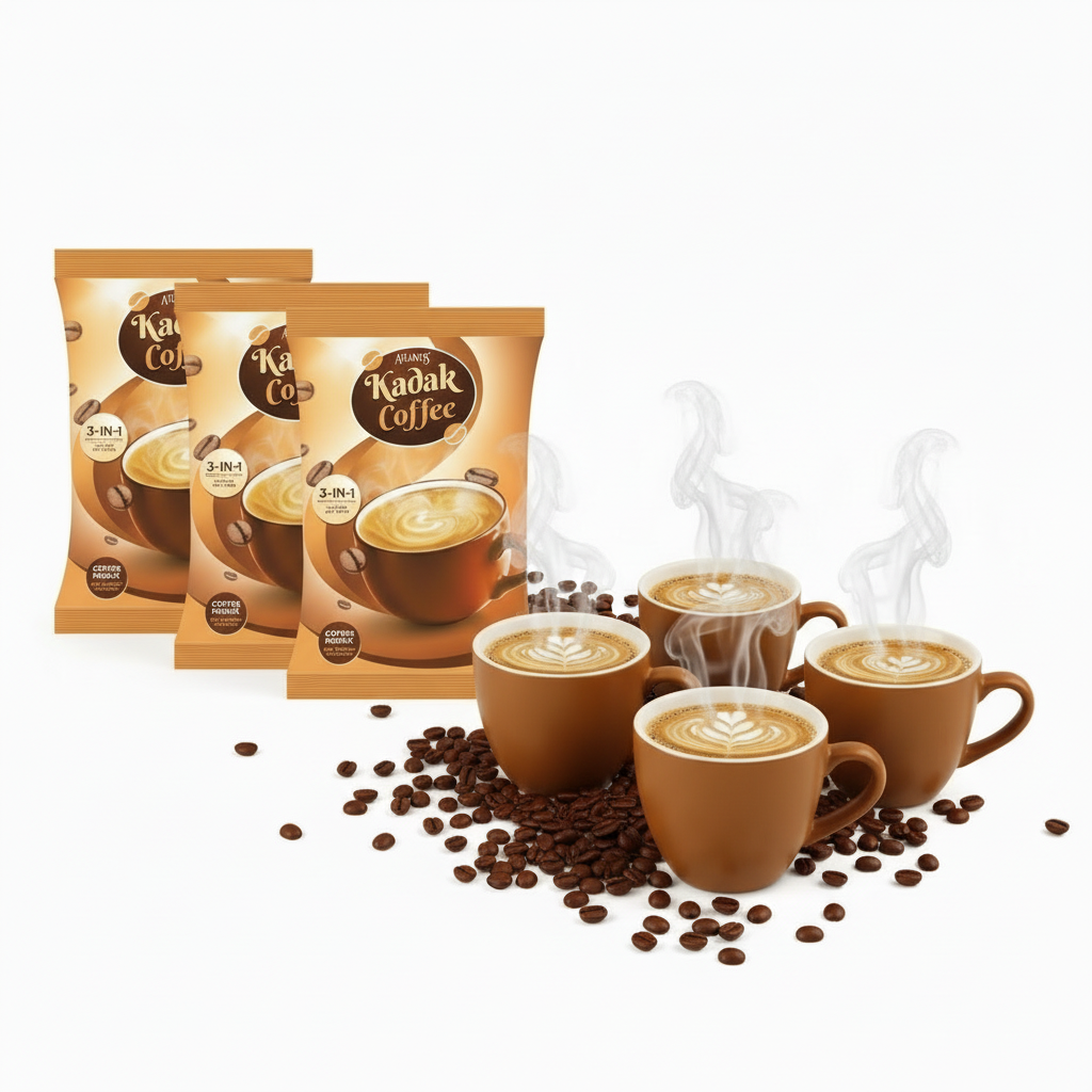 Atlantis online Kadak 3-in-1 coffee packets with four steaming cups and scattered coffee beans